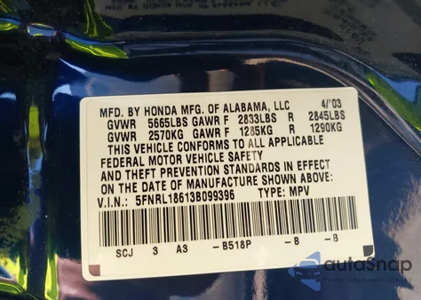 2003 Honda Odyssey Ex from USA, damaged, VIN 5FNRL18613B099396